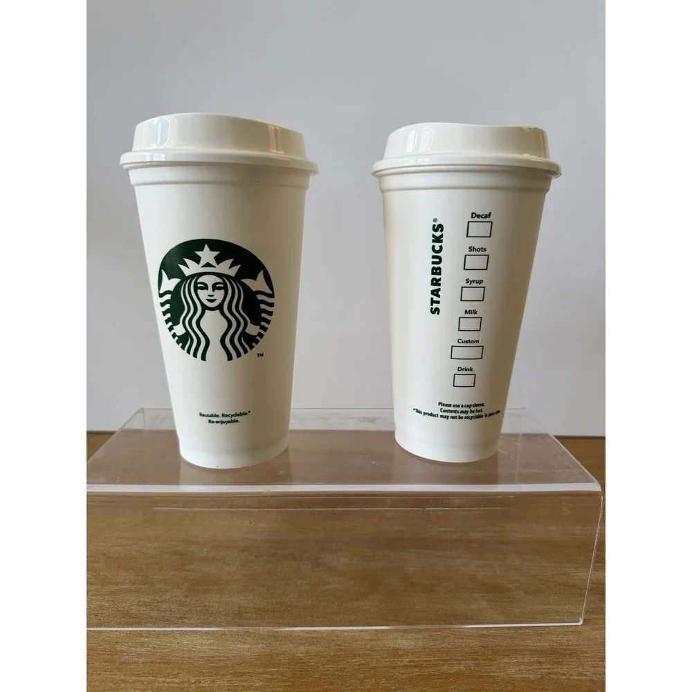 Two Classic Siren Logo Starbucks White Hot 16oz Reusable Cups & Lids